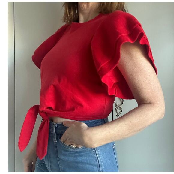 Womens Red Tops Size Small Ruffled Sleeves Cropped Front Tie Dolan Anthropologie - Picture 3 of 10